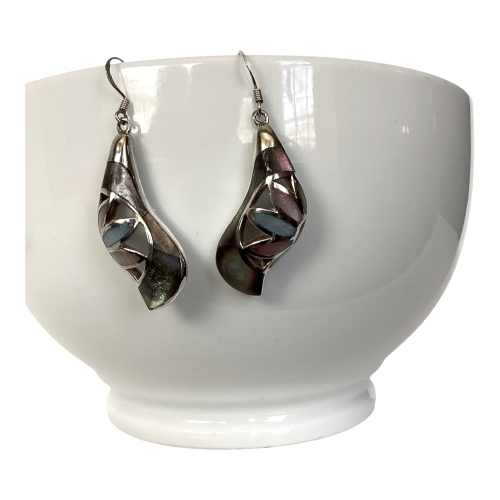 925 Sterling Silver Iridescent MOP Drop Hook Earrings Pink Blue Purple Green EUC - Picture 11 of 14